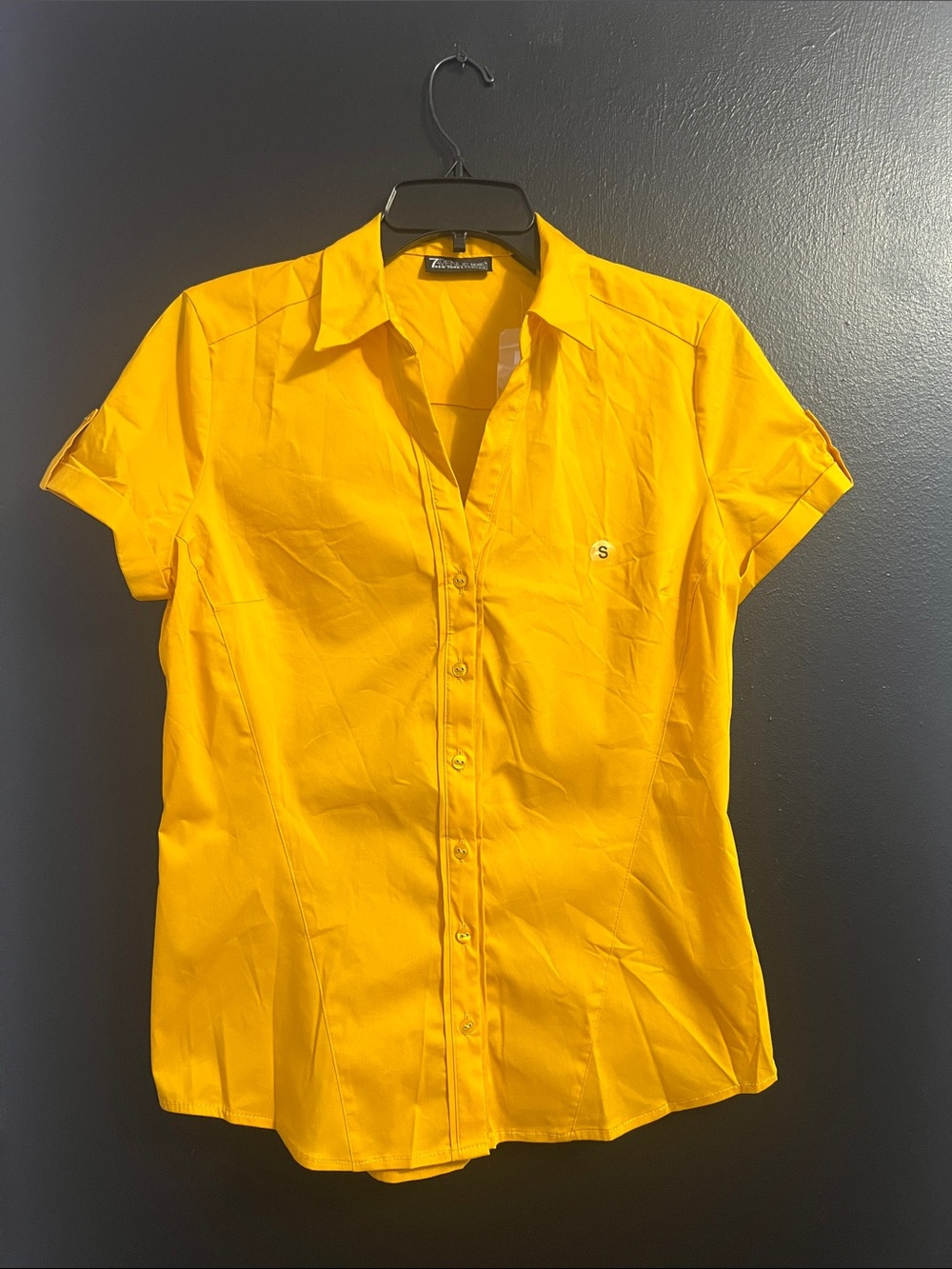 NY&Co Golden Yellow Short Sleeve Silver Button-Up Blouse
